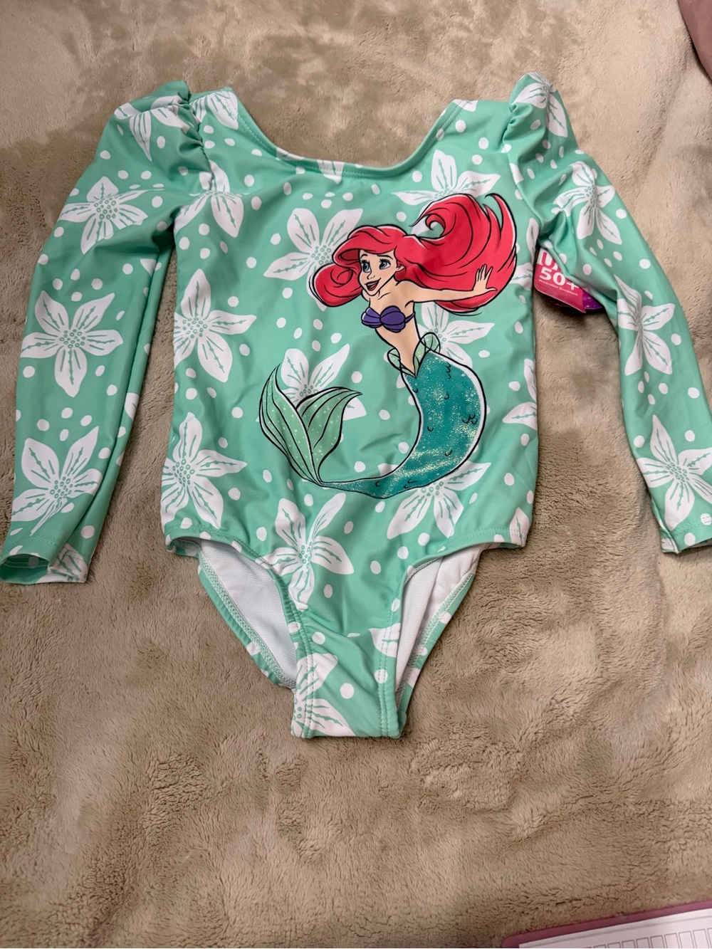 Disney Kids Ariel Mint Green Long Sleeve One-Piece Swimsuit